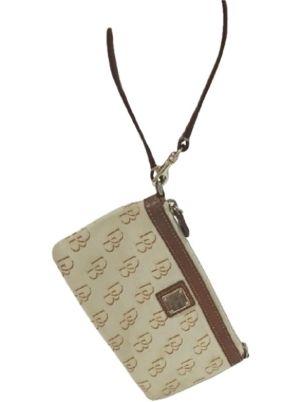 ✨ DOONEY & BOURKE Signature Monogram Zip Wristlet Cream Brown Khaki Canvas Pouch